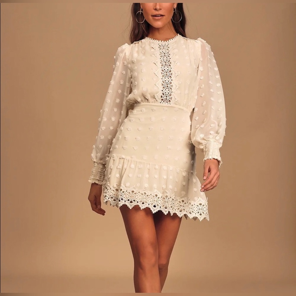 LULU’S Lust or Love Cream Embroidered Lace Long Sleeve Dress Medium